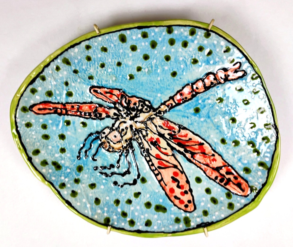 Whimsical Dragonfly Decorative Plate Studio Pottery Wall Decor 3D Irregular